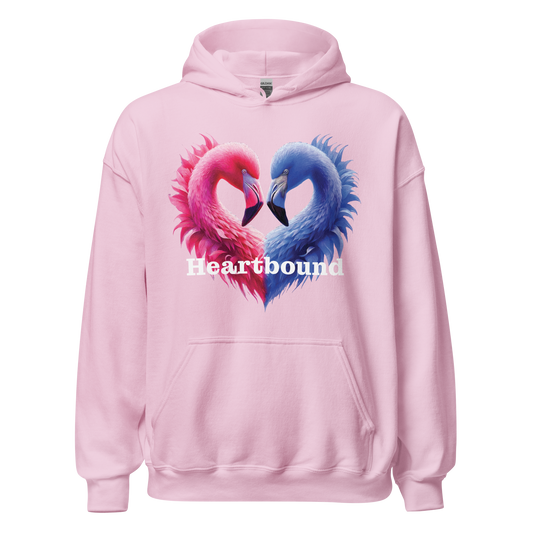 Love is Boundless pink hoodie with flamingo print, showcasing comfort and style.