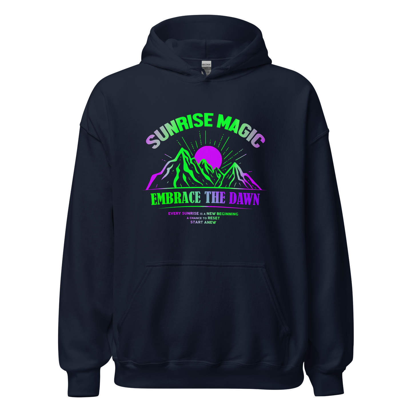 Sunrise Magic Hoodie featuring a graphic purple and green sun design.
