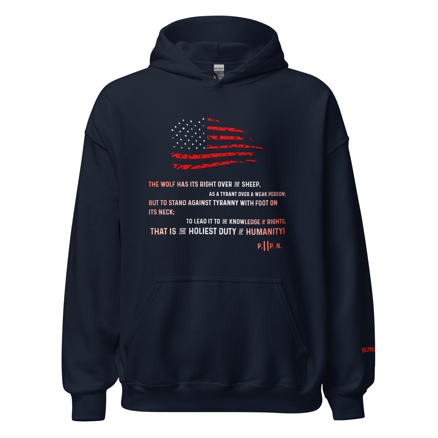 Stand Against Tyranny black hoodie with front pouch and durable stitching.