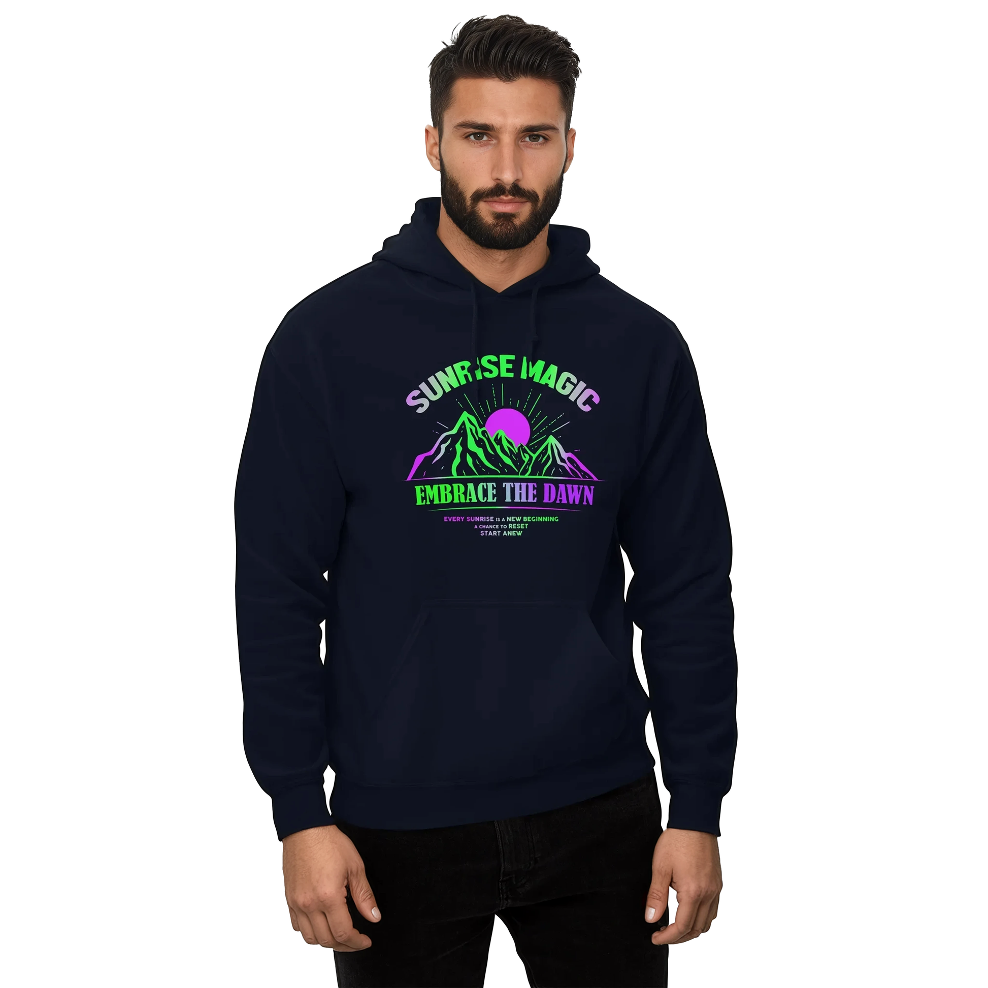 Man wearing Sunrise Magic Hoodie, showcasing its smooth, stylish design.
