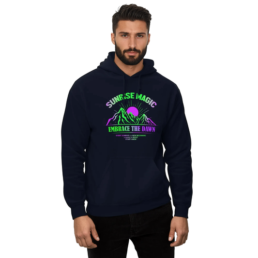Man wearing Sunrise Magic Hoodie, showcasing its smooth, stylish design.