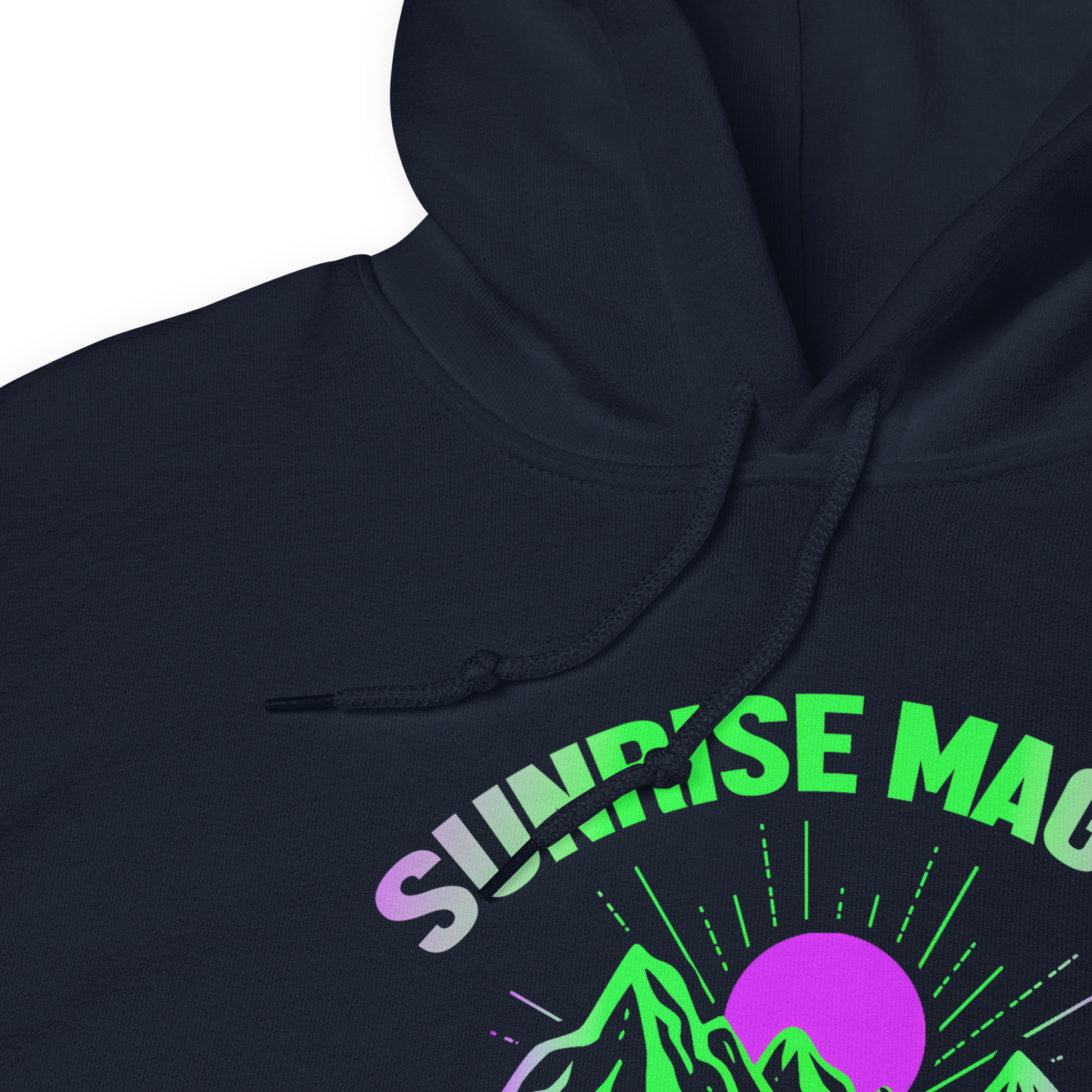 Sunrise Magic Hoodie close-up: soft, smooth fabric with durable stitching.