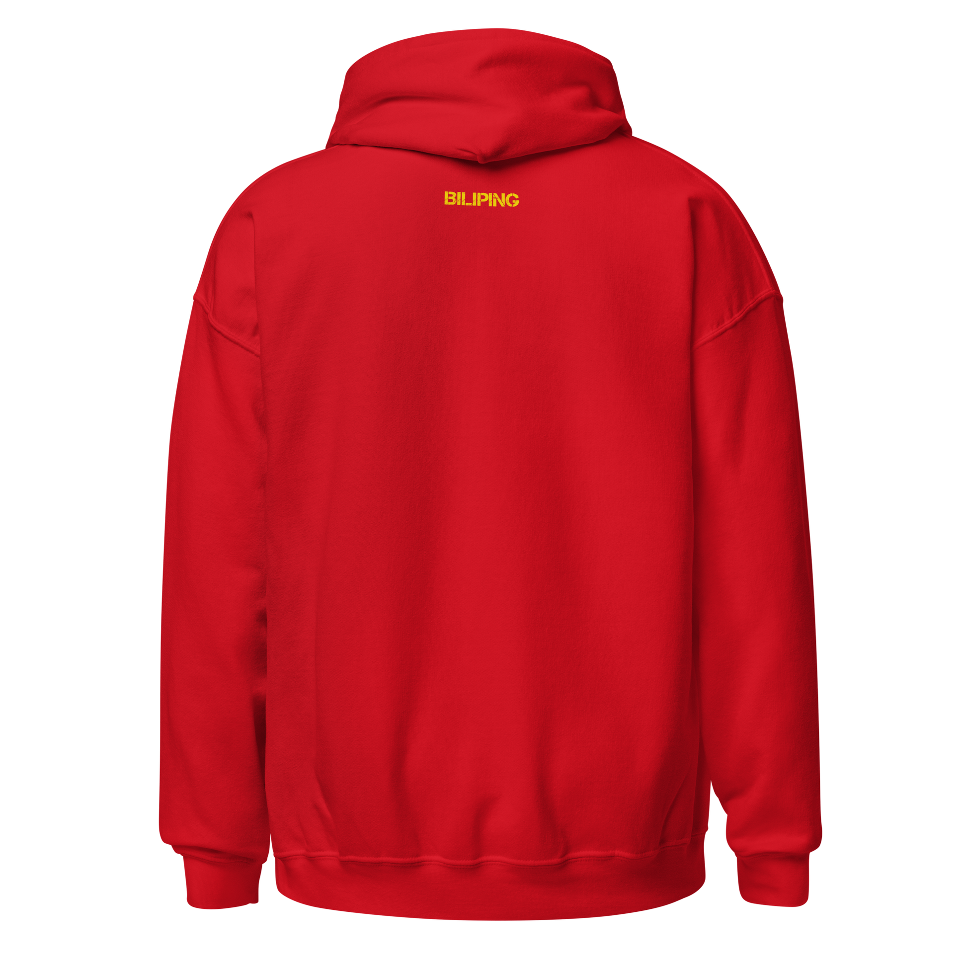 Everyone Chasing Me red hoodie, close-up of fabric and hood.