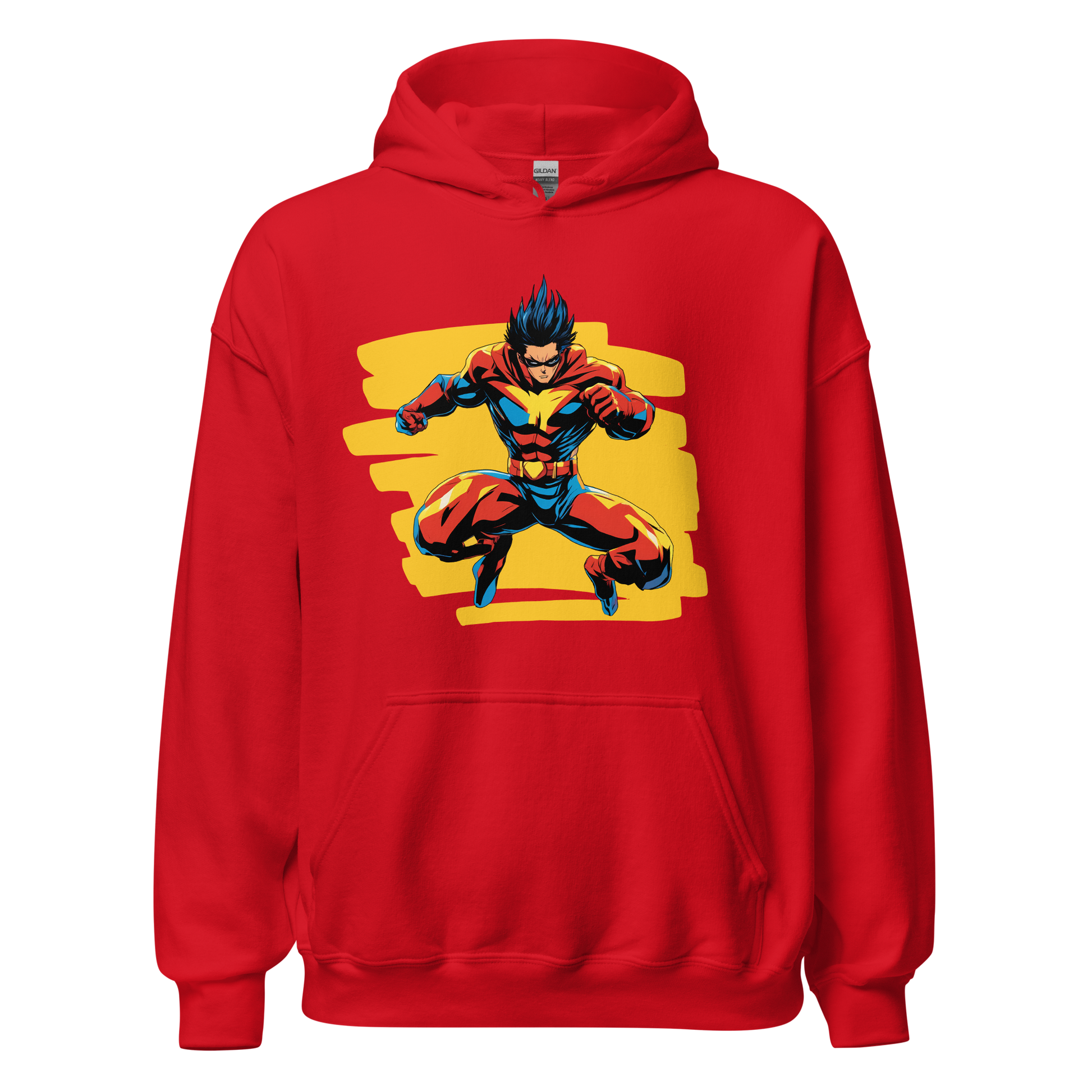 Dynamic Action Hoodie with cartoon superhero, soft fabric, durable stitching.