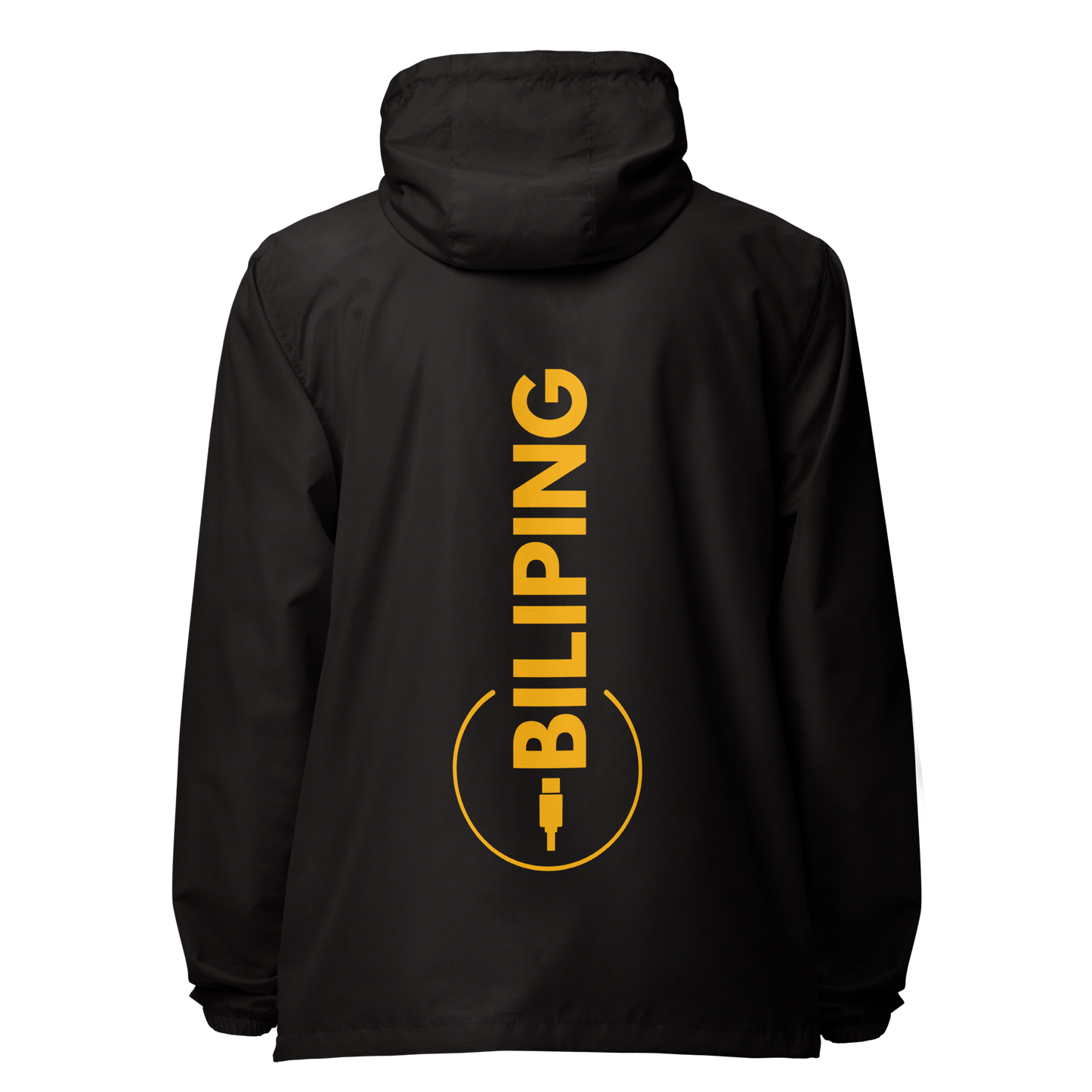 Biliping Windbreaker showcasing sleek design with yellow text on black jacket.