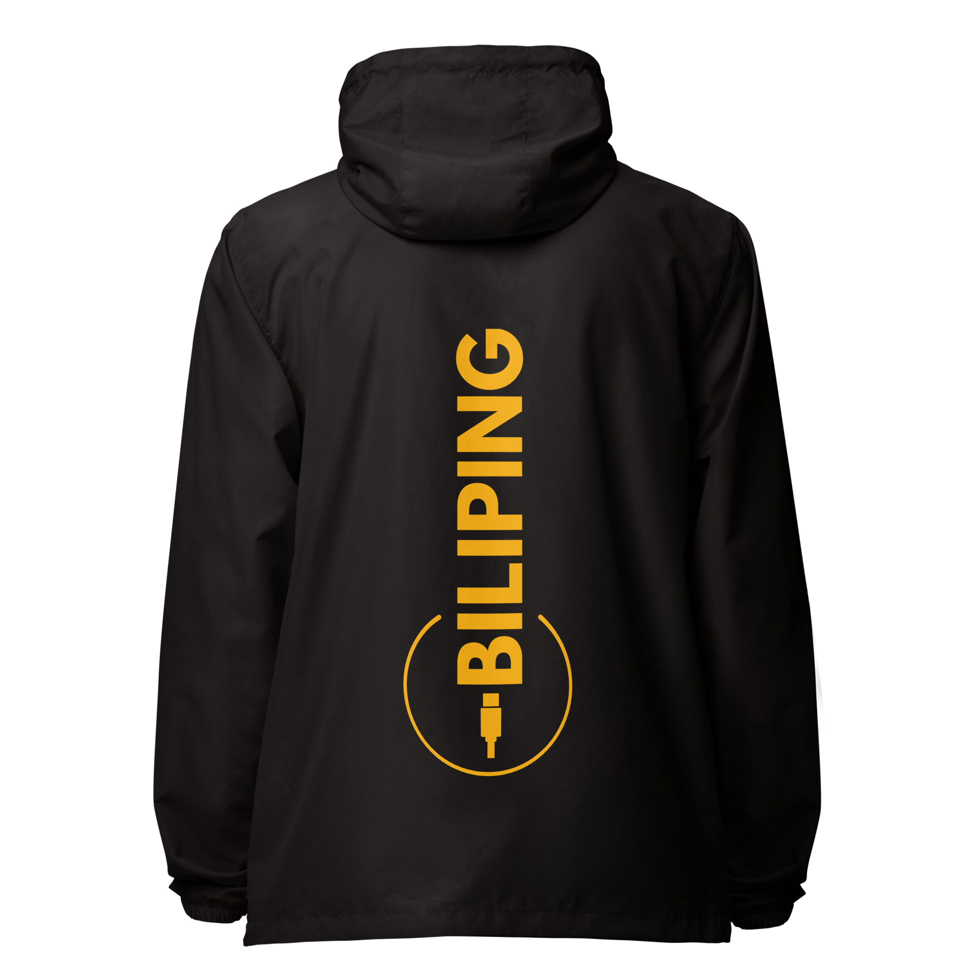 Biliping Windbreaker showcasing sleek design with yellow text on black jacket.
