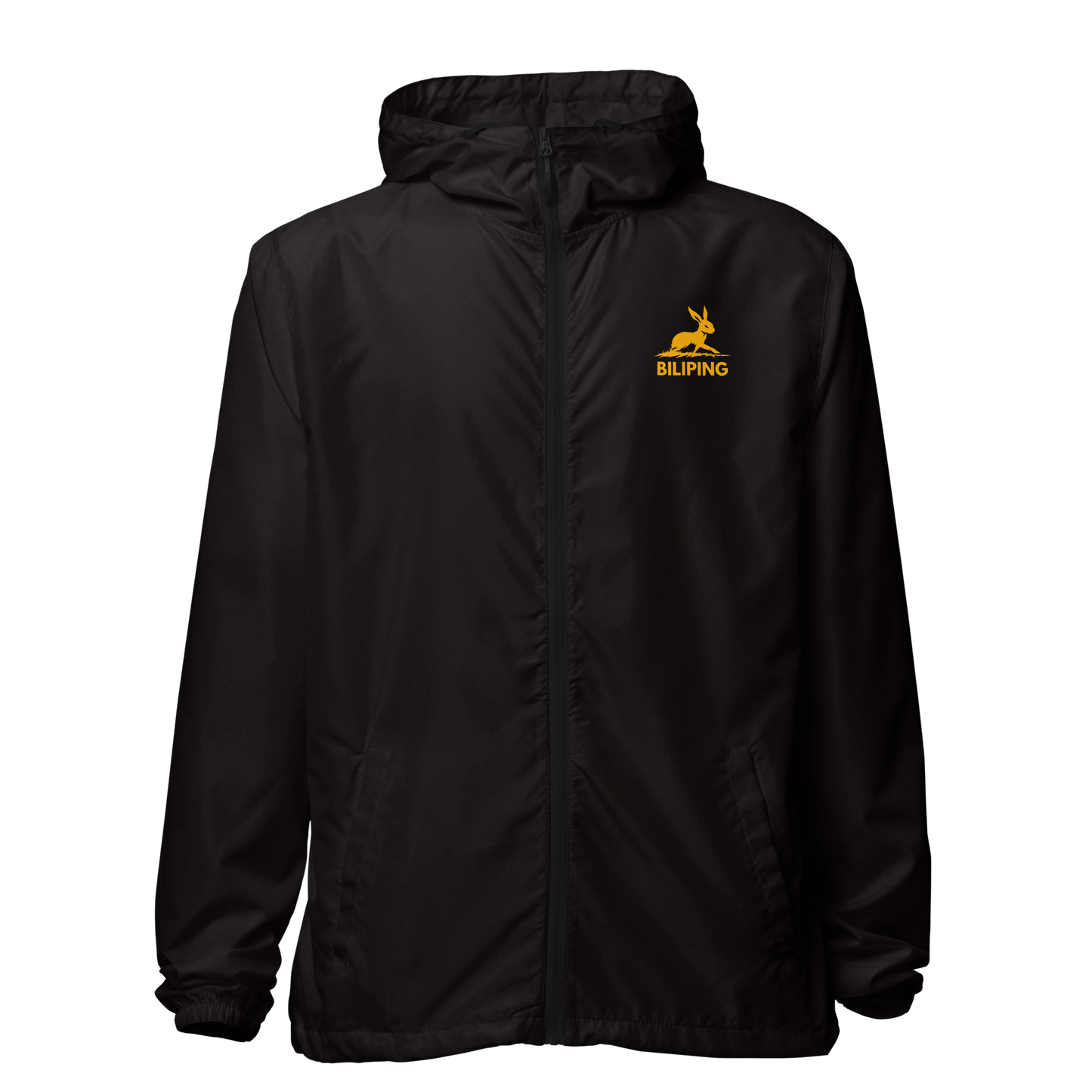 Biliping Windbreaker with yellow logo, sleek design, lightweight for easy wear.