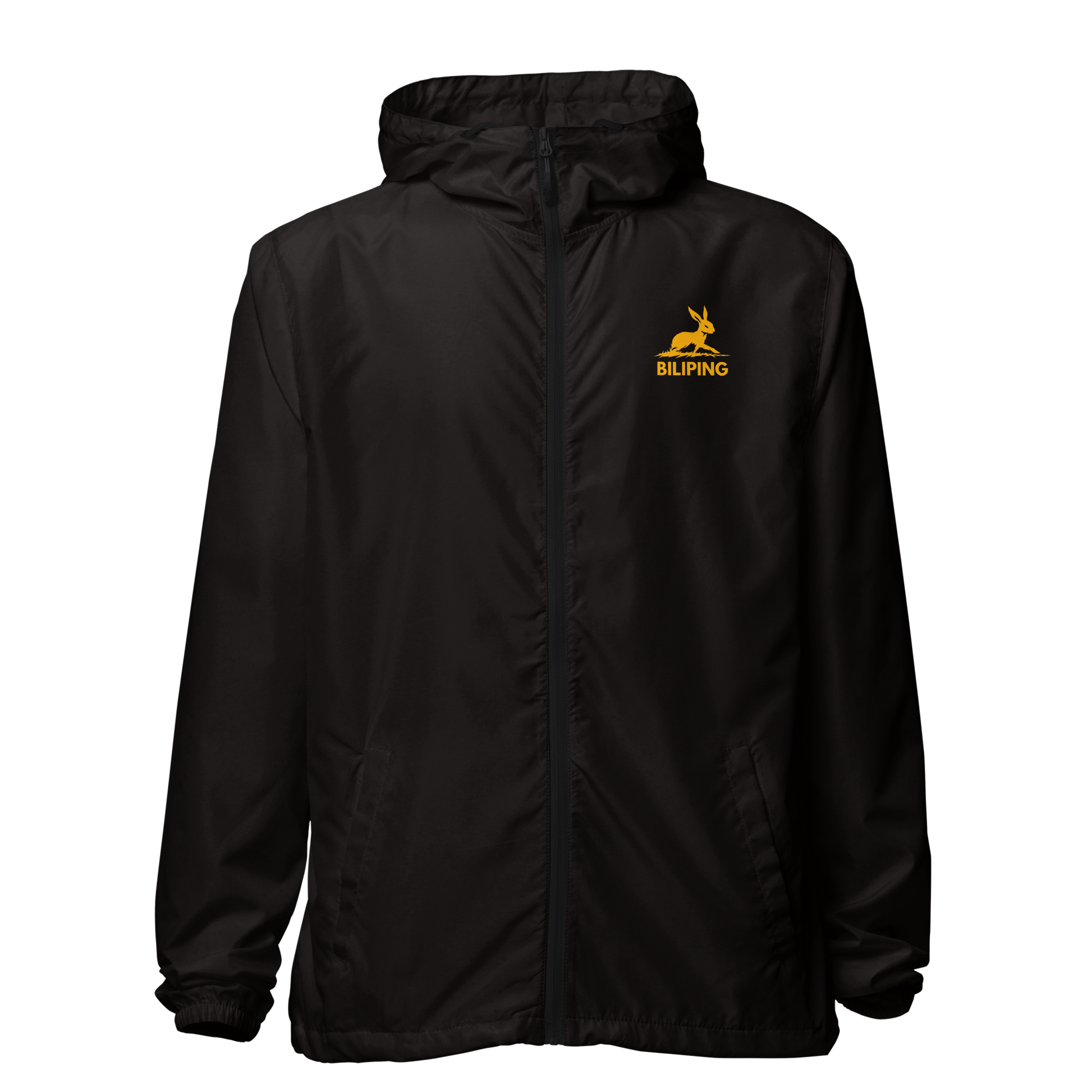 Biliping Windbreaker with yellow logo, sleek design, lightweight for easy wear.