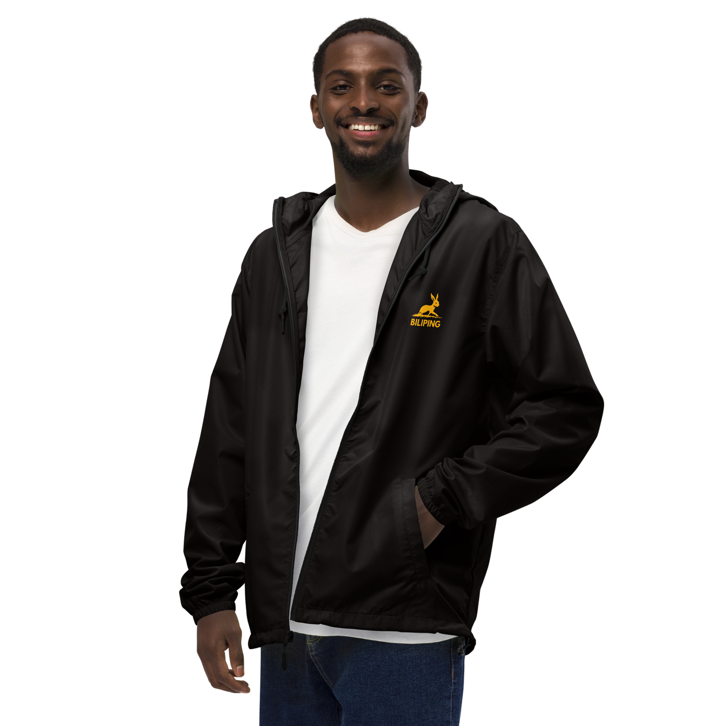 Biliping Windbreaker on a smiling man, showcasing sleek design and fit.