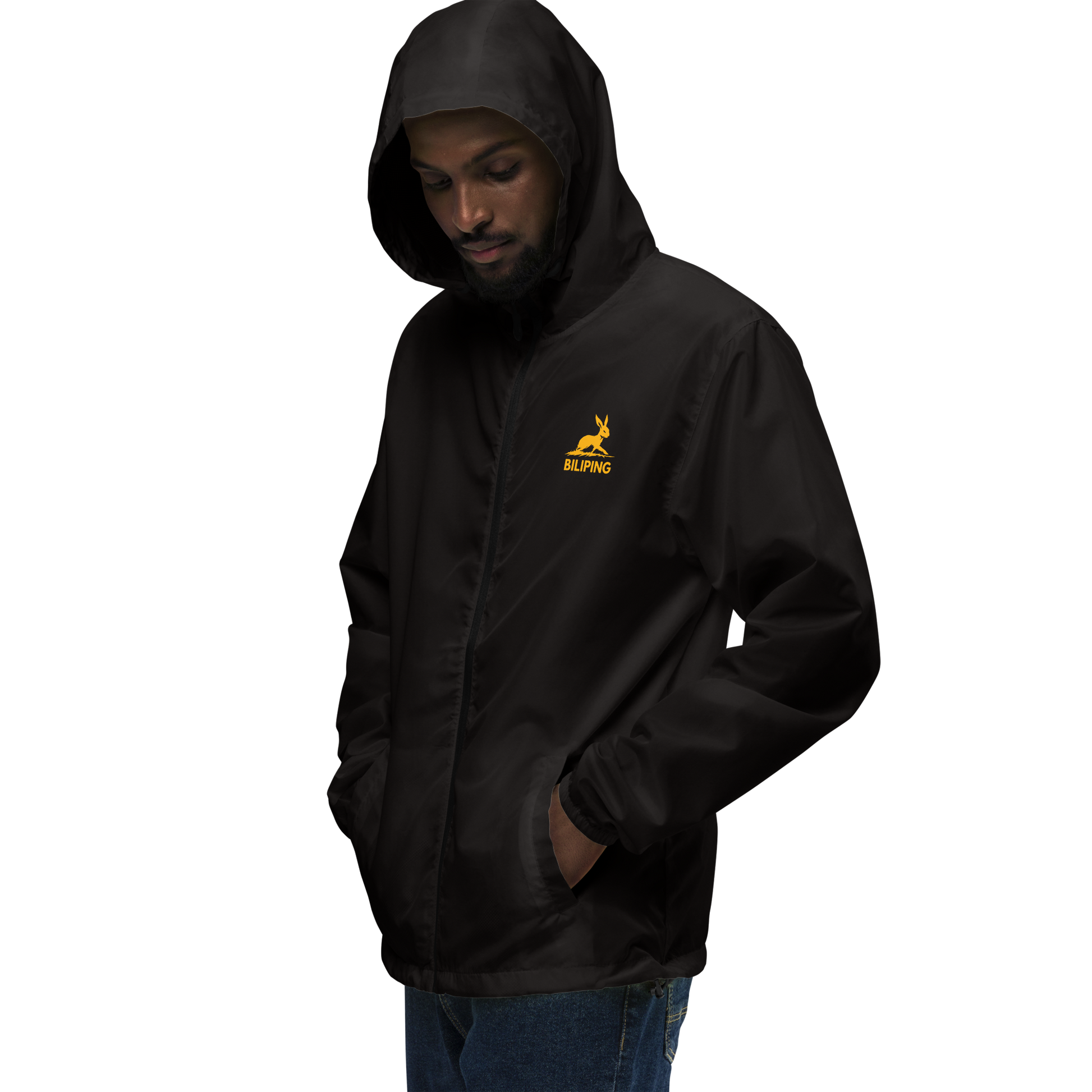 Biliping Windbreaker hooded on man, highlighting lightweight, water-resistant features.
