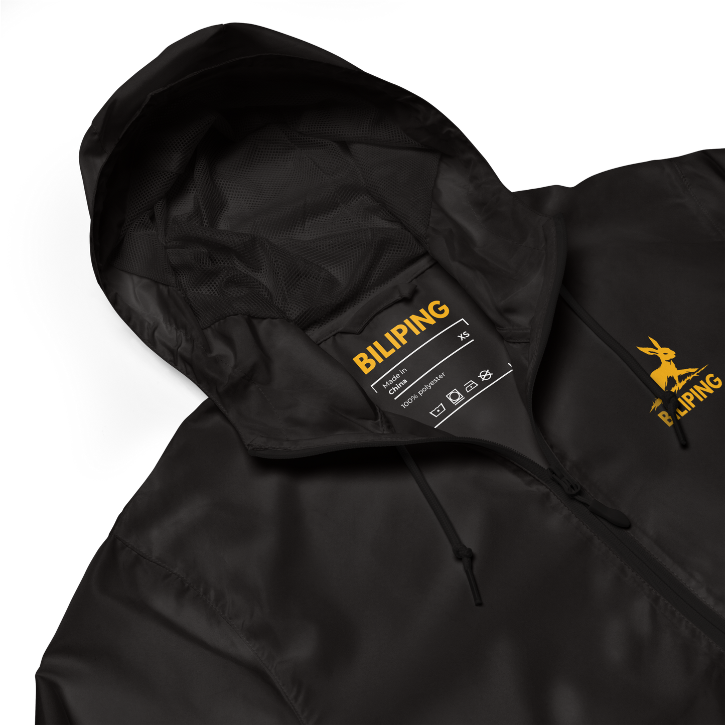 Biliping Windbreaker with logo, sleek zippers, adjustable hood, and mesh lining.