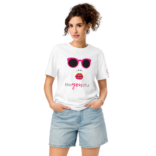 BeYou Tee worn with pink sunglasses, featuring a soft, eco-friendly design.