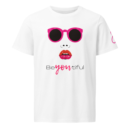 BeYou Tee featuring pink sunglasses and lips design on the front.