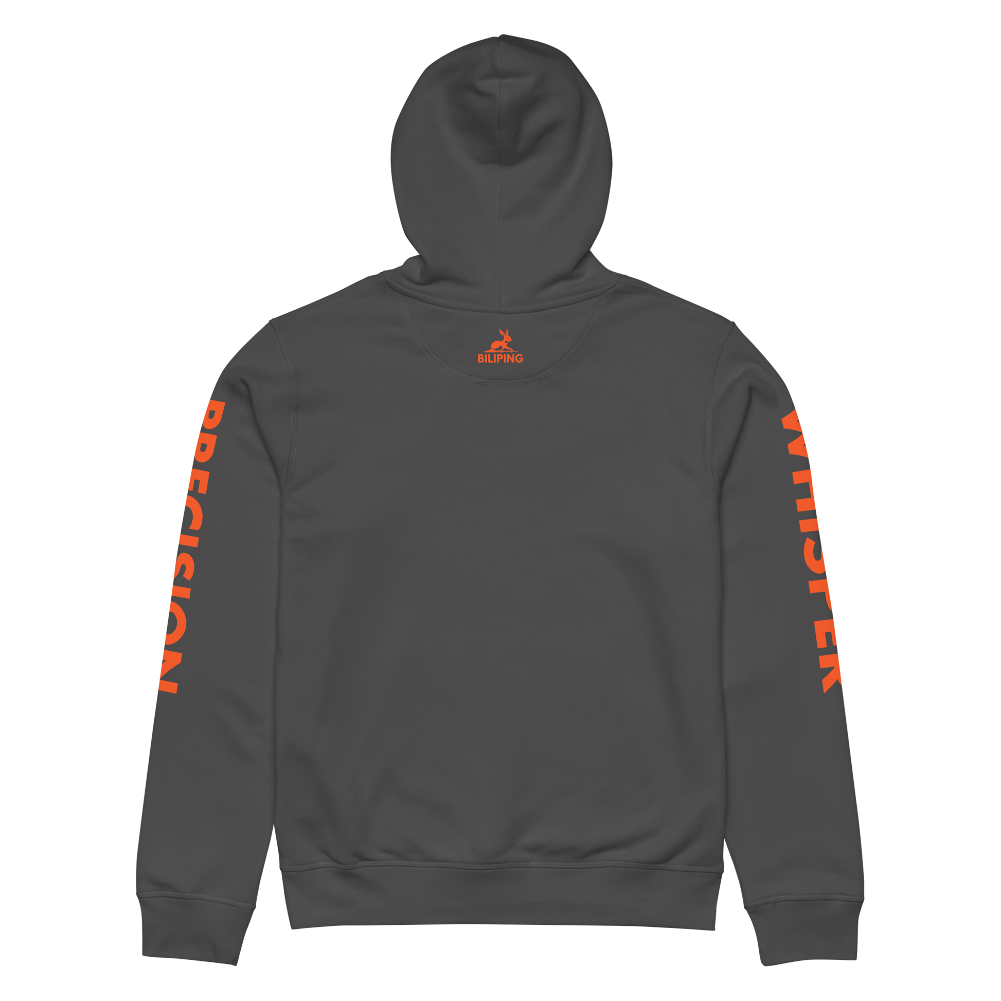 Precision Whisper hoodie, organic cotton, recycled polyester, back view, half-moon detail.
