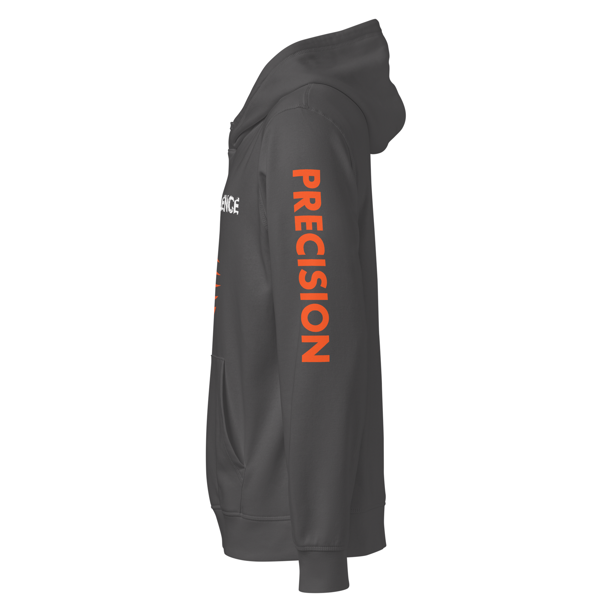 Precision Whisper hoodie close-up, showcasing its sleek half-moon back detail.