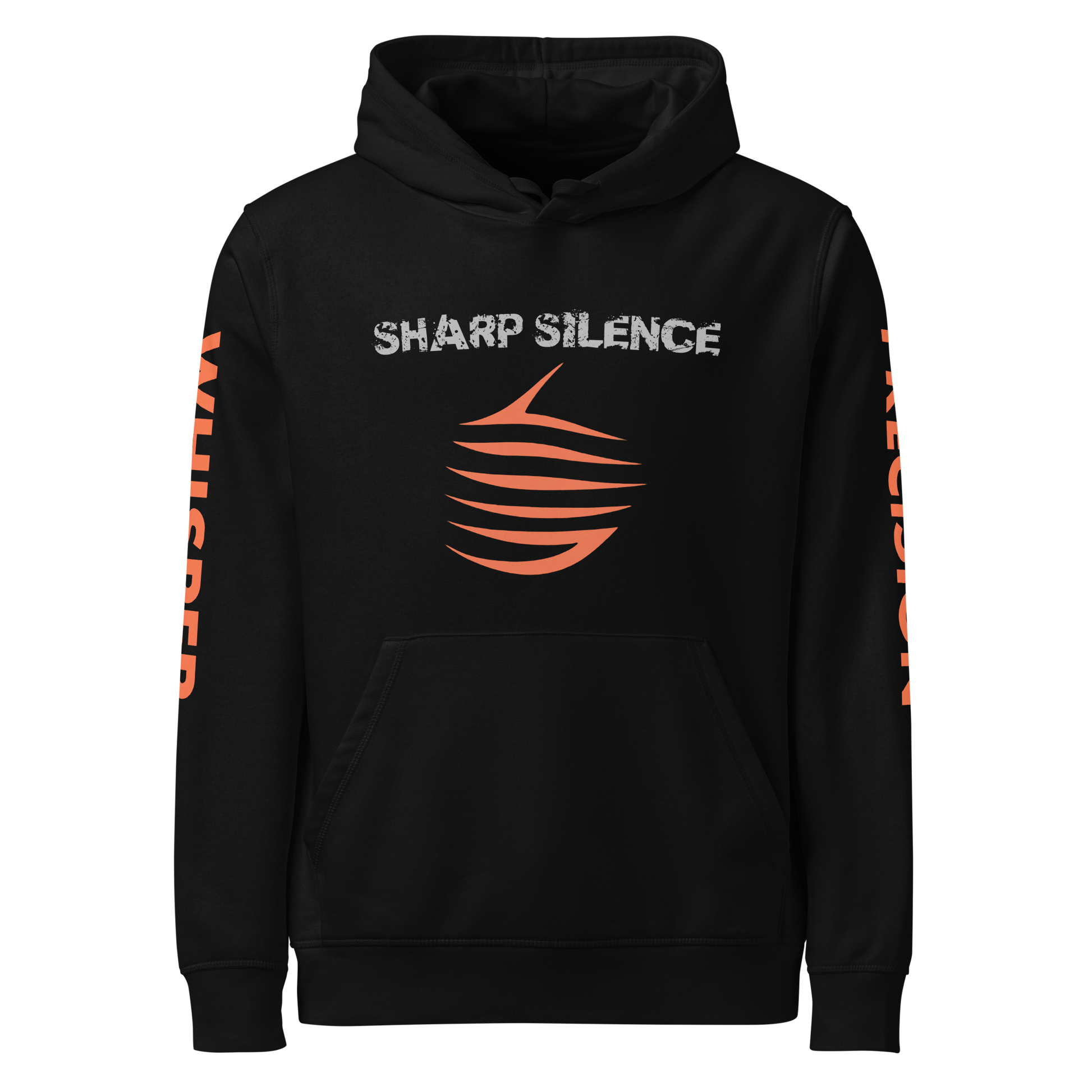 Precision Whisper hoodie featuring white text detail, showcasing organic comfort.