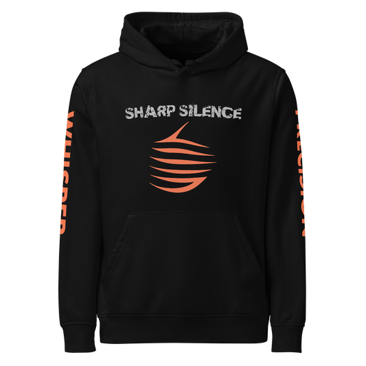 Precision Whisper hoodie featuring white text detail, showcasing organic comfort.