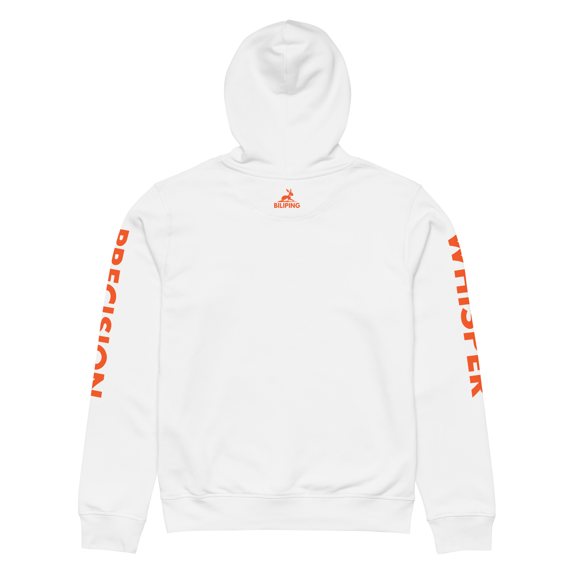 Person wearing Precision Whisper hoodie, showcasing its sleek, orange-accented design.