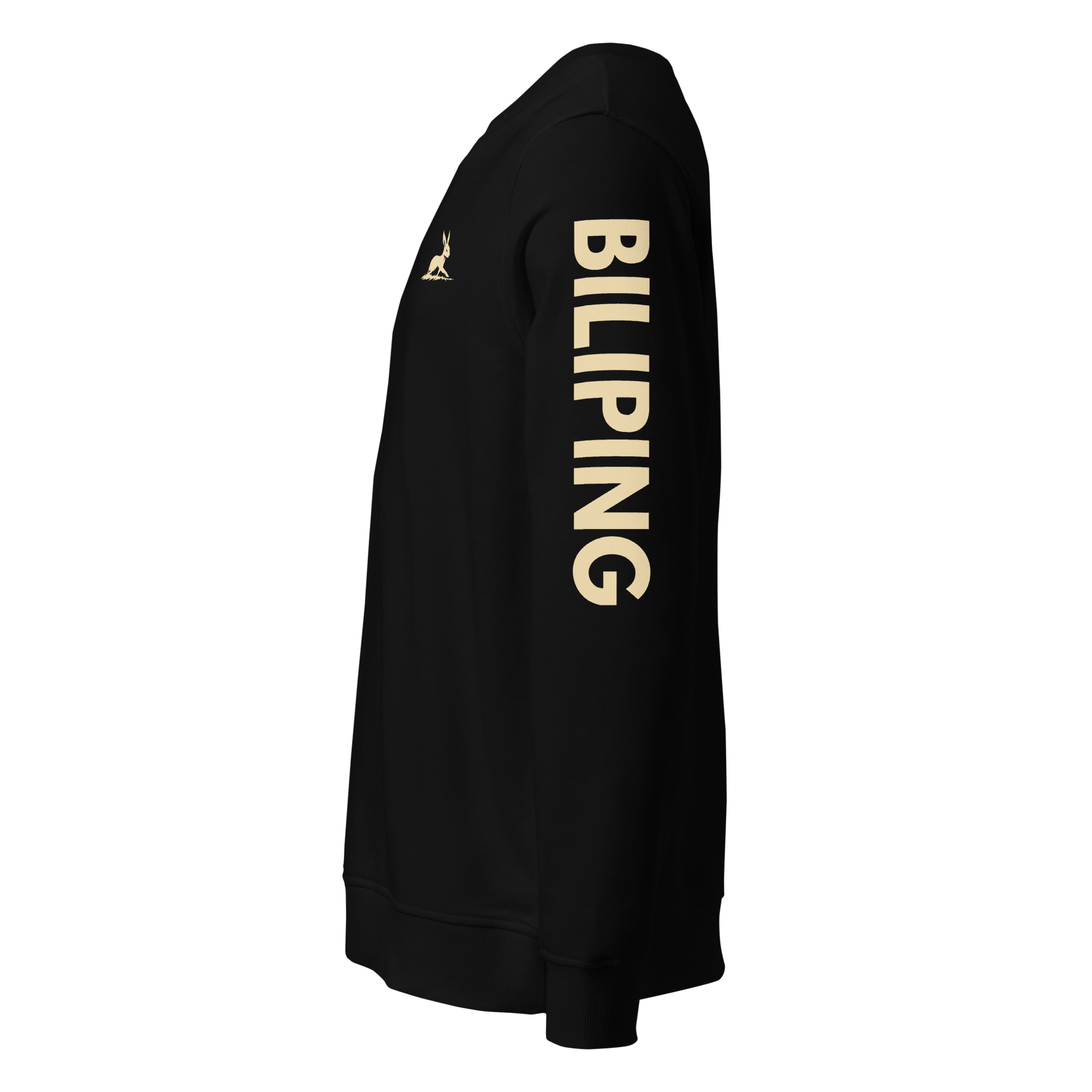 Biliping Sweatshirt: Black with white text, eco-friendly design, organic materials.