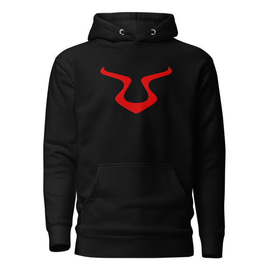 V - Hoodie with red logo, pouch pocket, and 3-panel hood.
