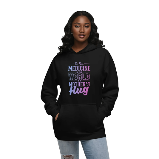 Woman in The Best Medicine black hoodie with pouch pocket.