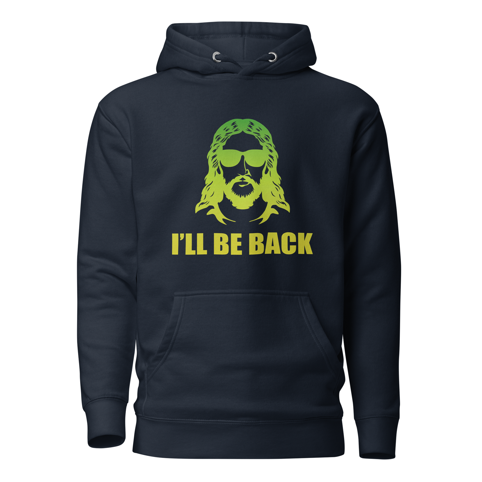 Close-up of I'll be back hoodie featuring a pouch pocket.