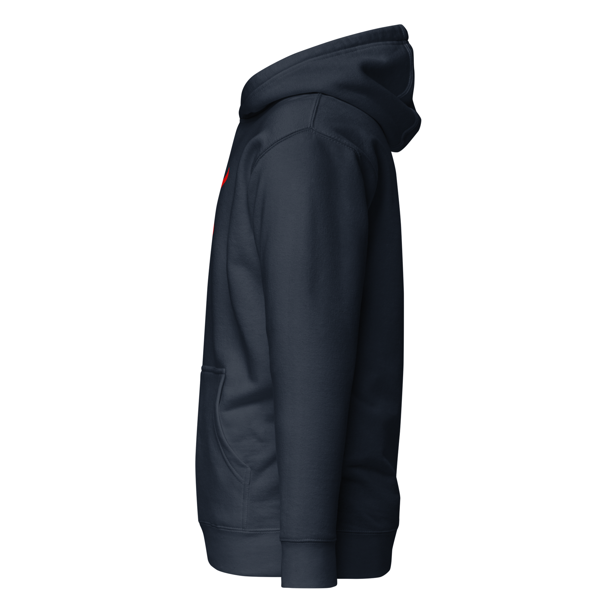 V - Hoodie with red logo, pouch pocket, and warm hood.