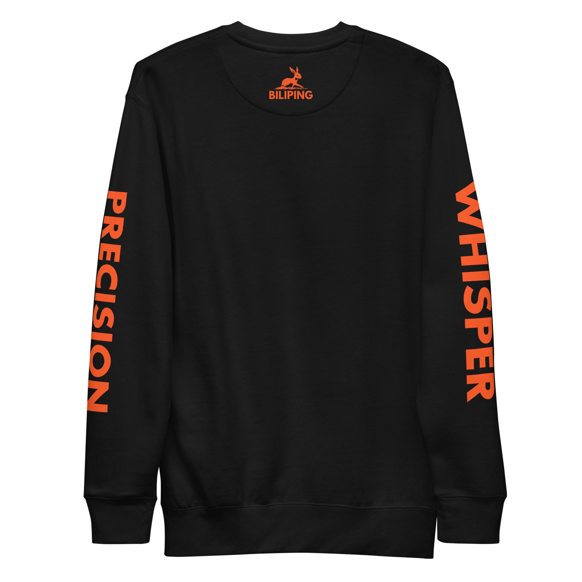 Precision Whisper sweatshirt with ribbed crew neck and orange writing.