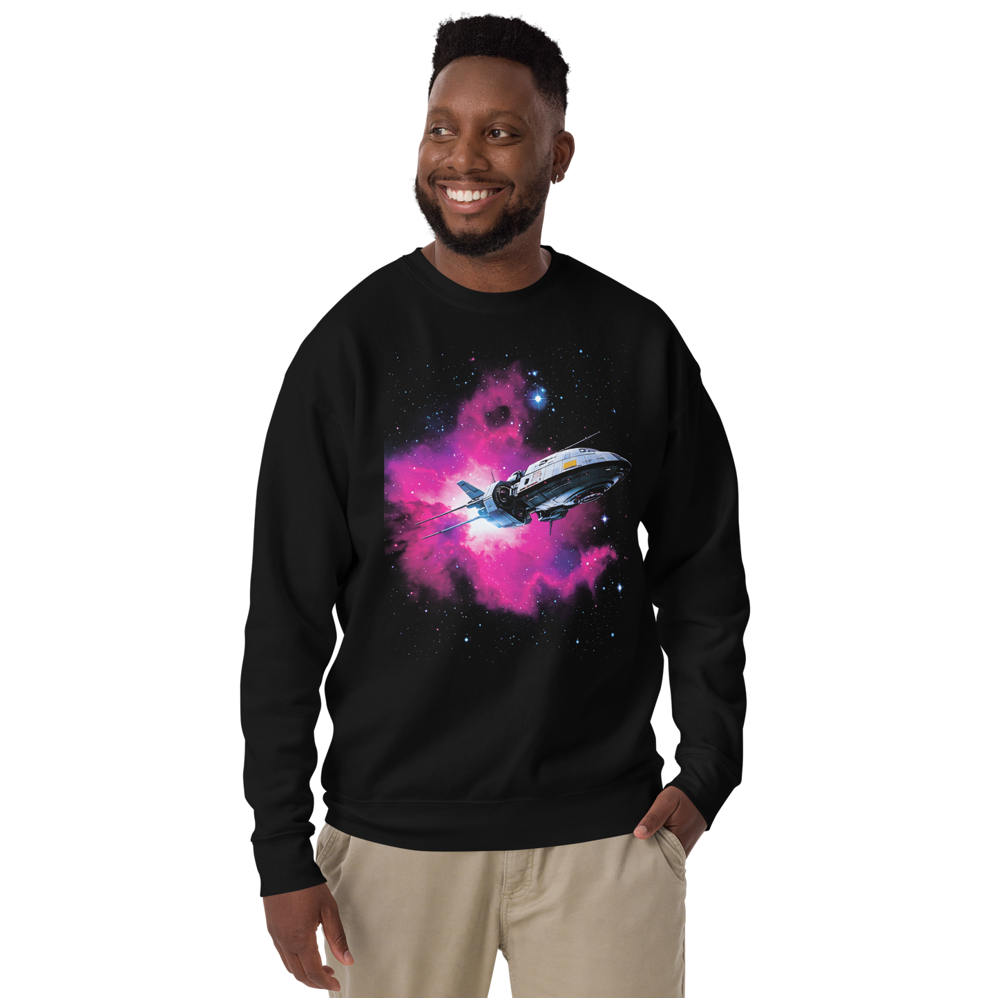 Man smiling, showcasing the Chasing Light Years sweatshirt with ribbed crew neck.