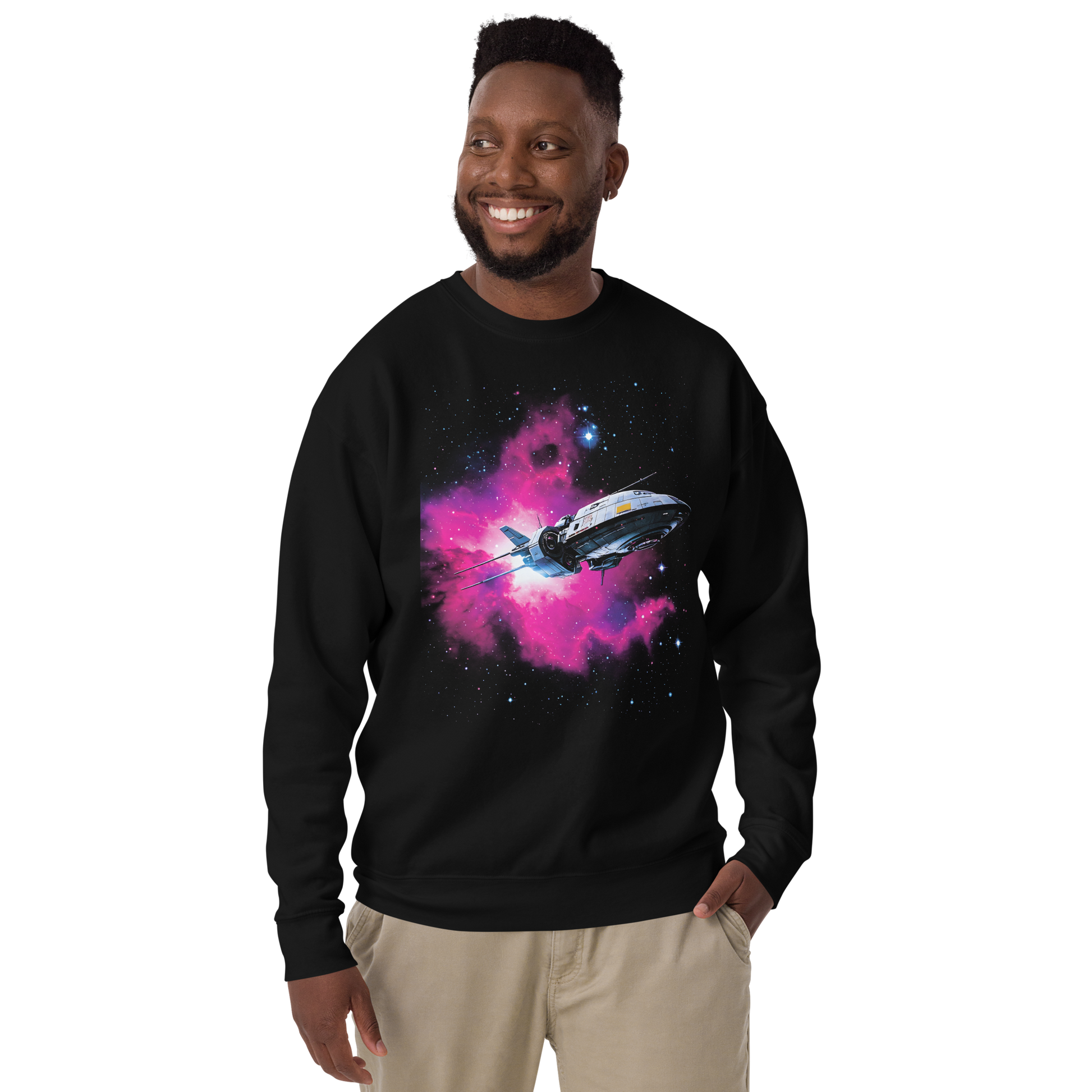 Man smiling, showcasing the Chasing Light Years sweatshirt with ribbed crew neck.