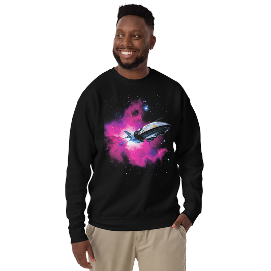Man smiling, showcasing the Chasing Light Years sweatshirt with ribbed crew neck.