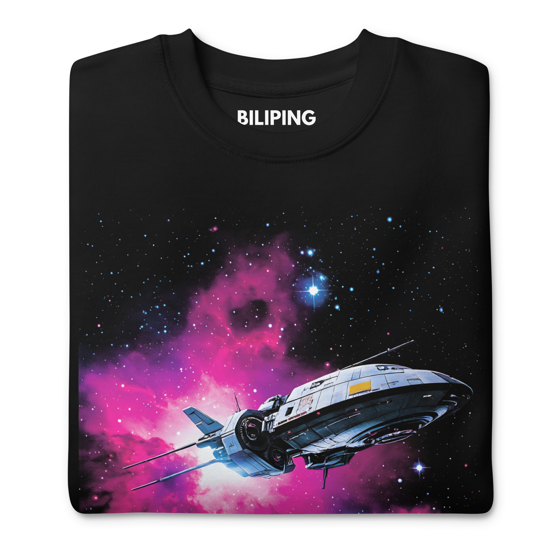 Chasing Light Years black sweatshirt featuring a spaceship graphic design.
