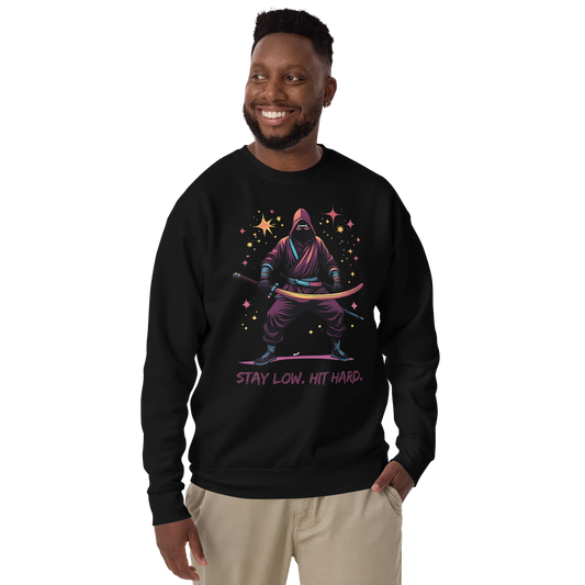 Man in SILENSWEAT, featuring ninja and slogan, against dark backdrop.