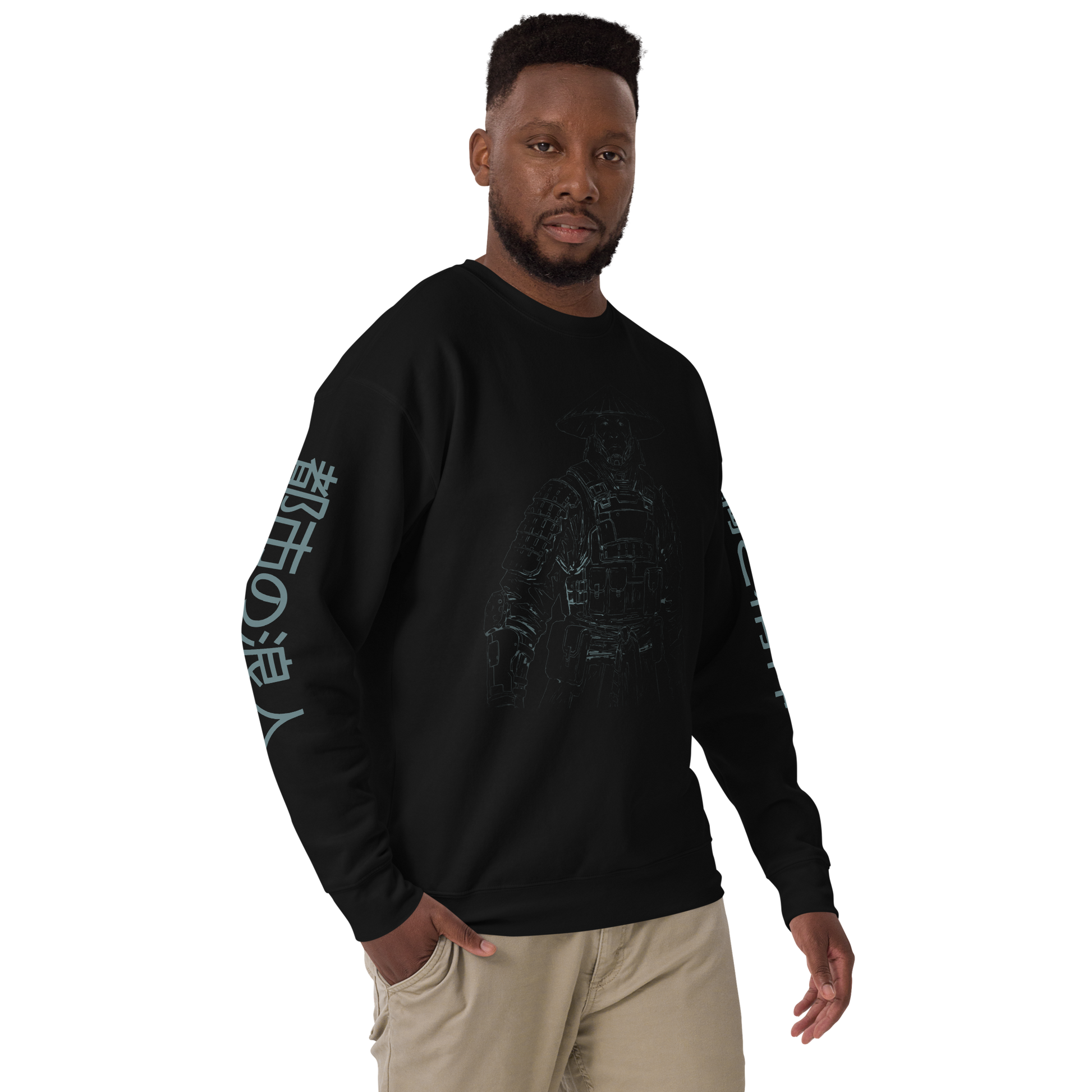 Man wearing Steel & Spirit Sweatshirt, showcasing its ribbed crew neck design.