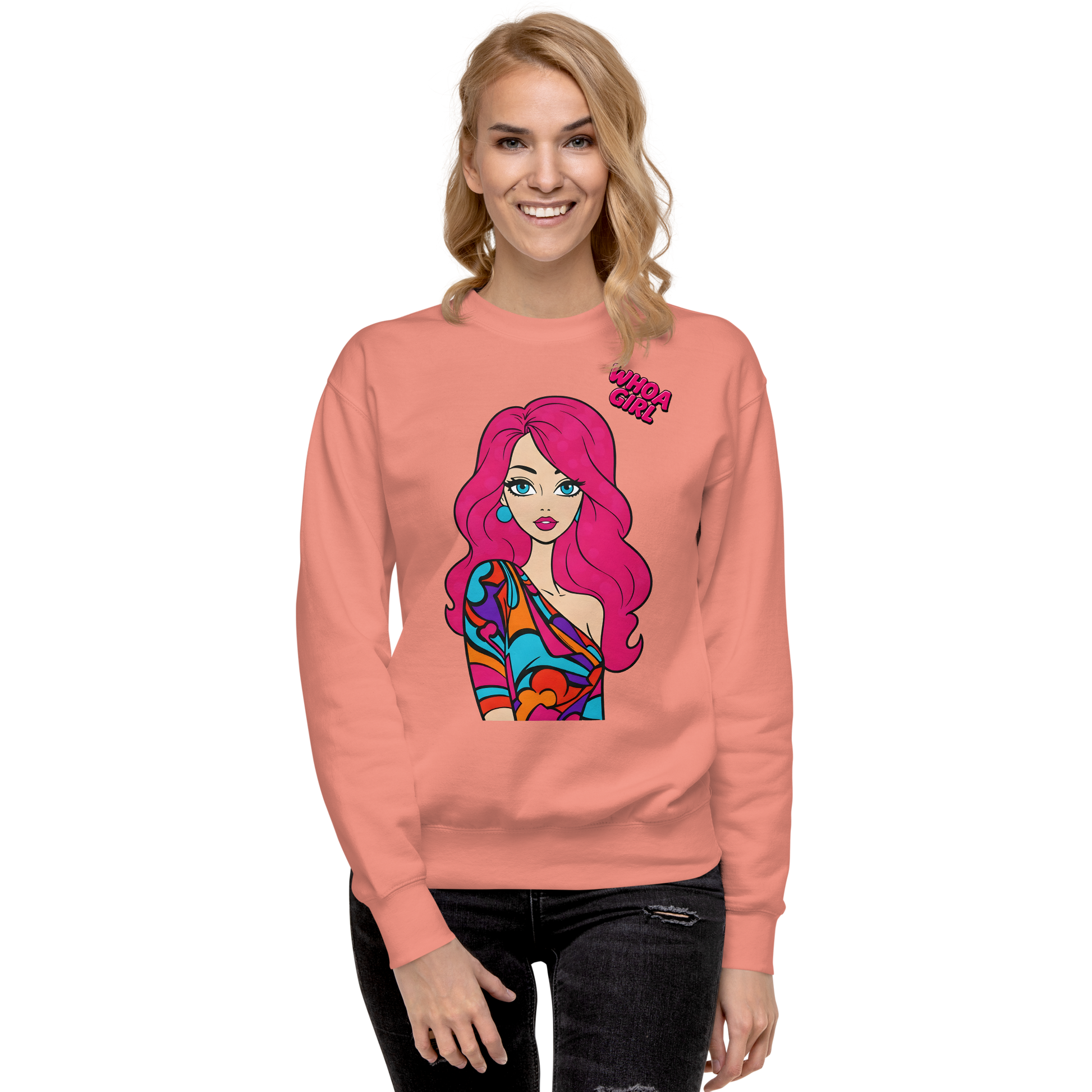 Close-up of a woman wearing the Whoa Girl Sweatshirt, smiling warmly.