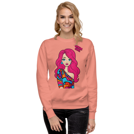 Close-up of a woman wearing the Whoa Girl Sweatshirt, smiling warmly.