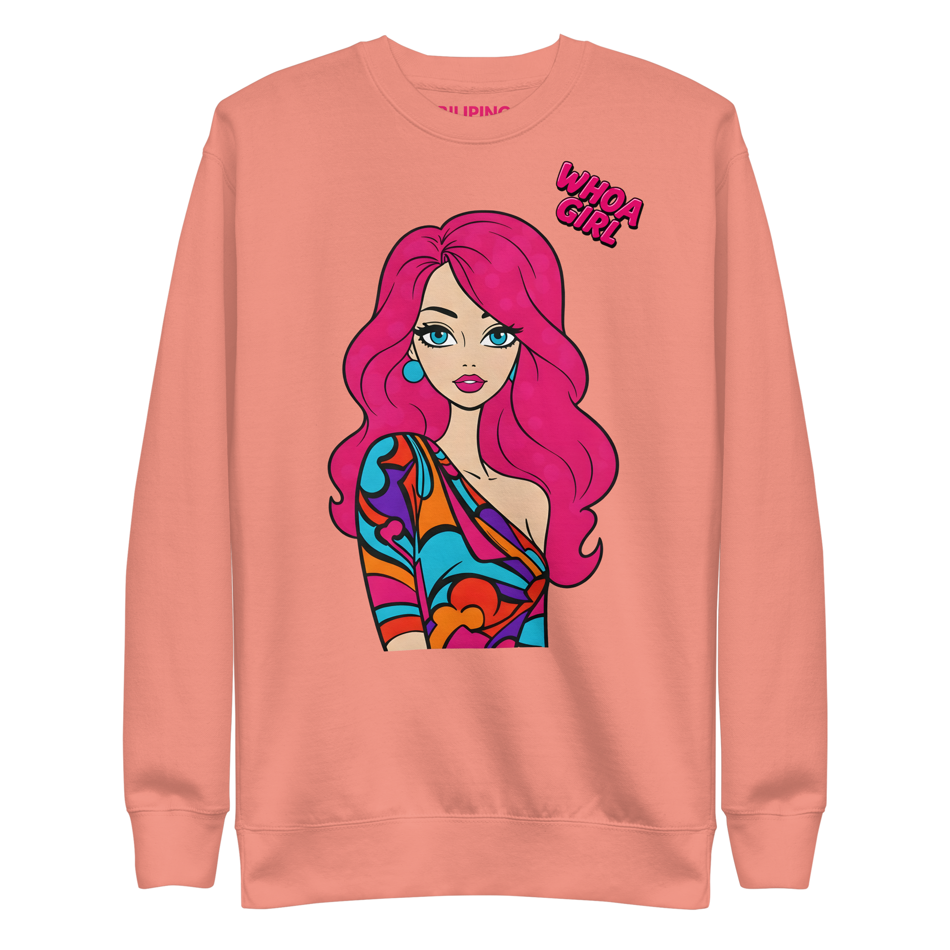 Whoa Girl Sweatshirt featuring a cartoon woman with pink hair on the front.