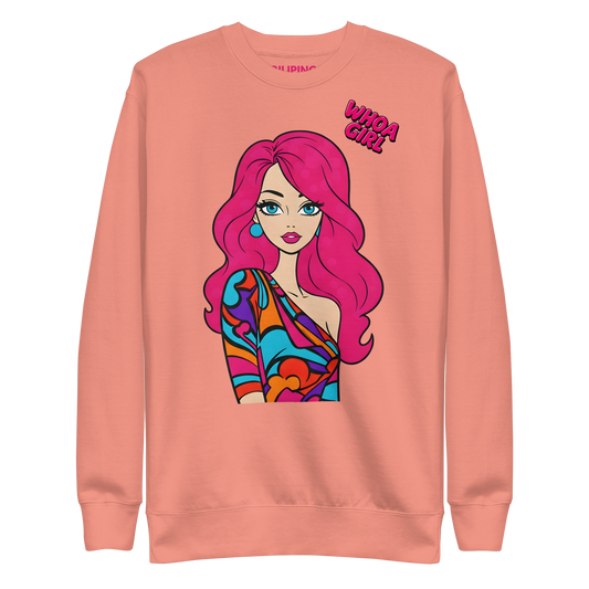 Whoa Girl Sweatshirt featuring a cartoon woman with pink hair on the front.