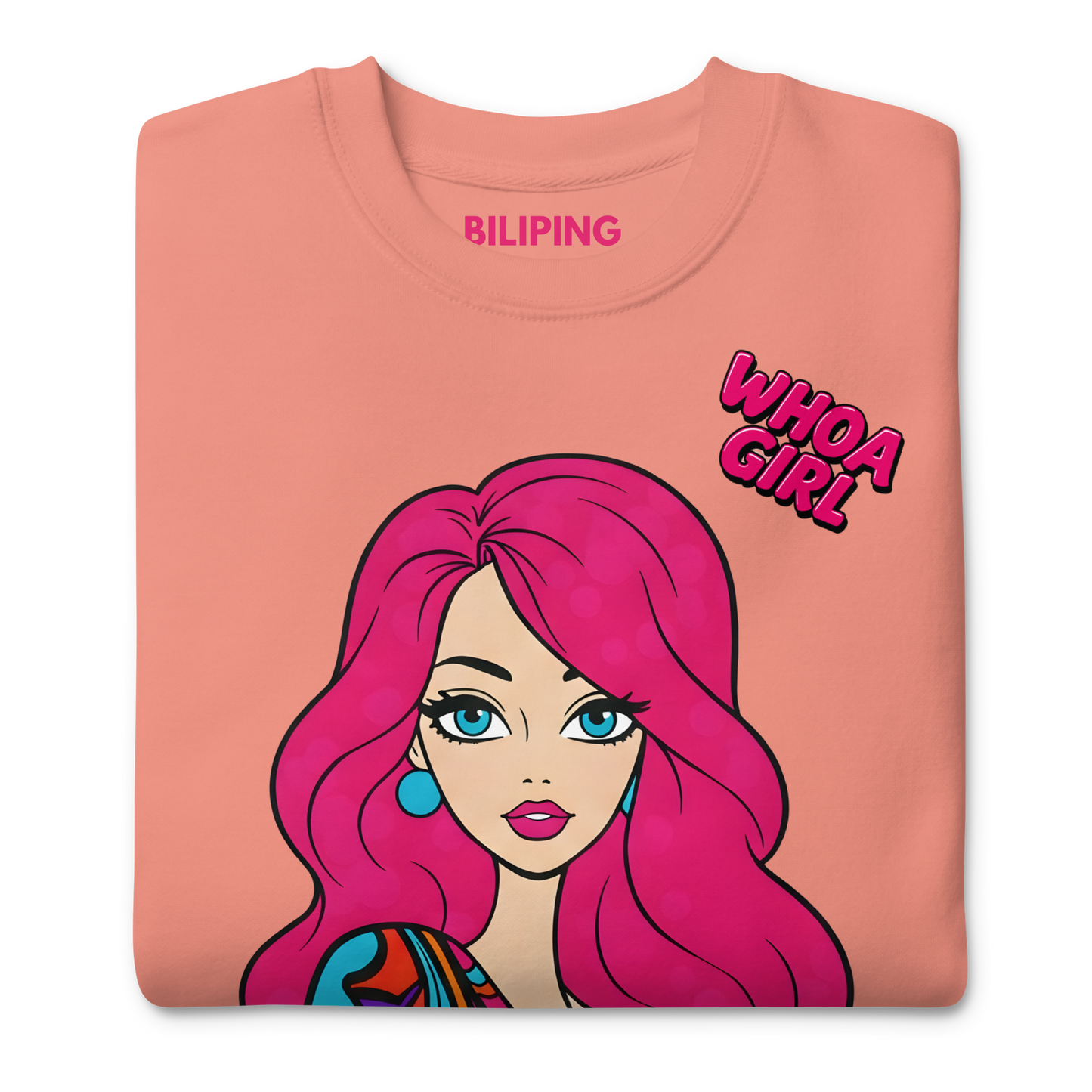 Whoa Girl Sweatshirt featuring cartoon woman with pink hair illustration.