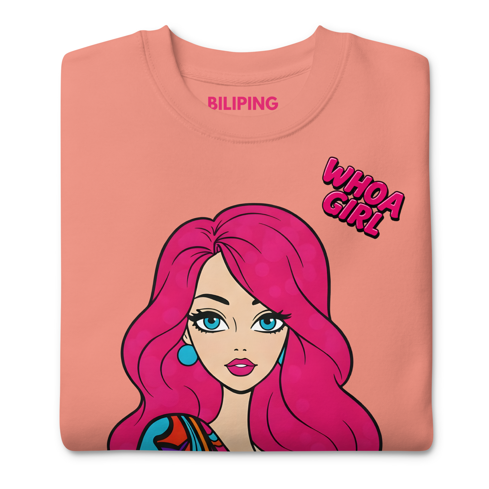 Whoa Girl Sweatshirt featuring cartoon woman with pink hair illustration.