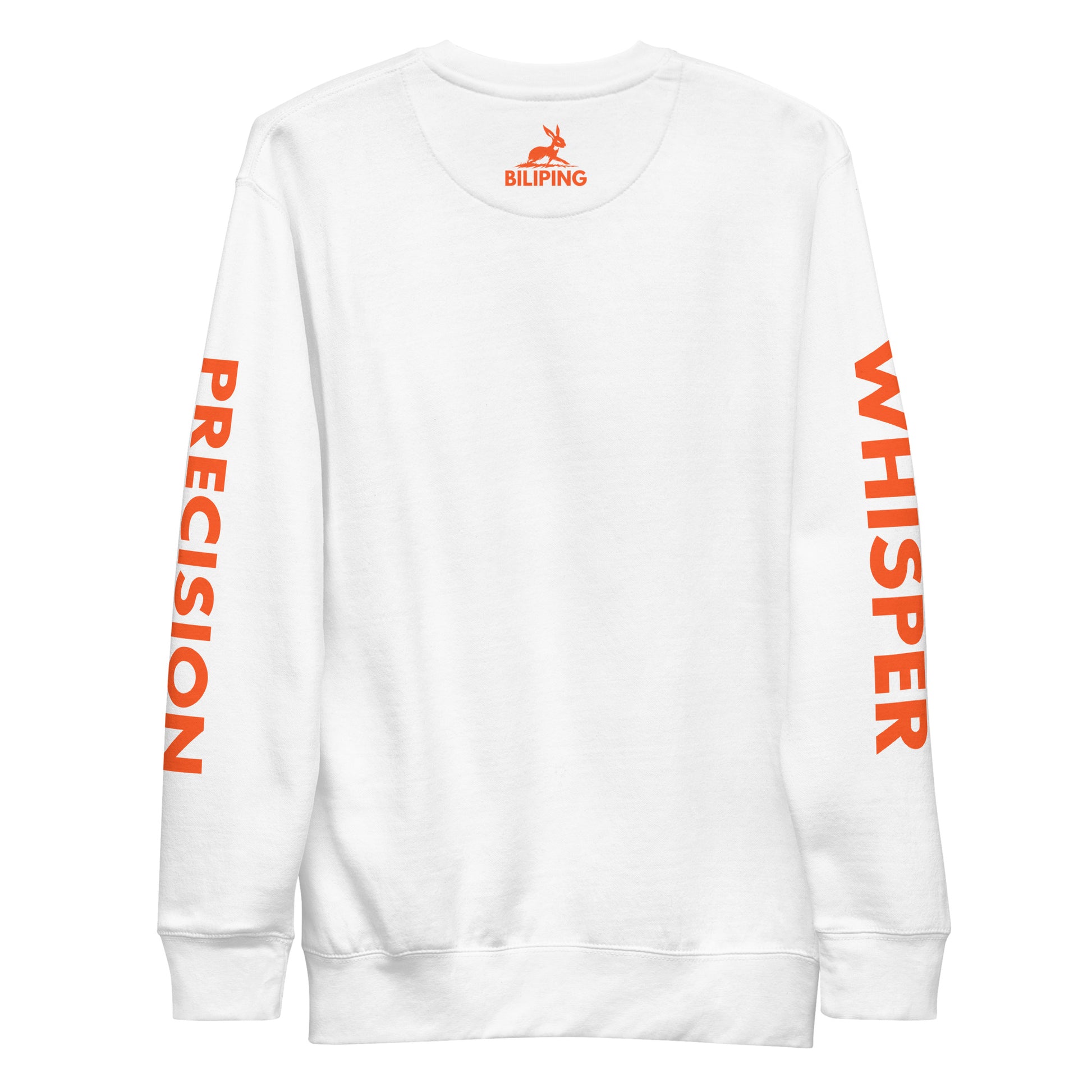 Precision Whisper sweatshirt featuring orange text on a white background.