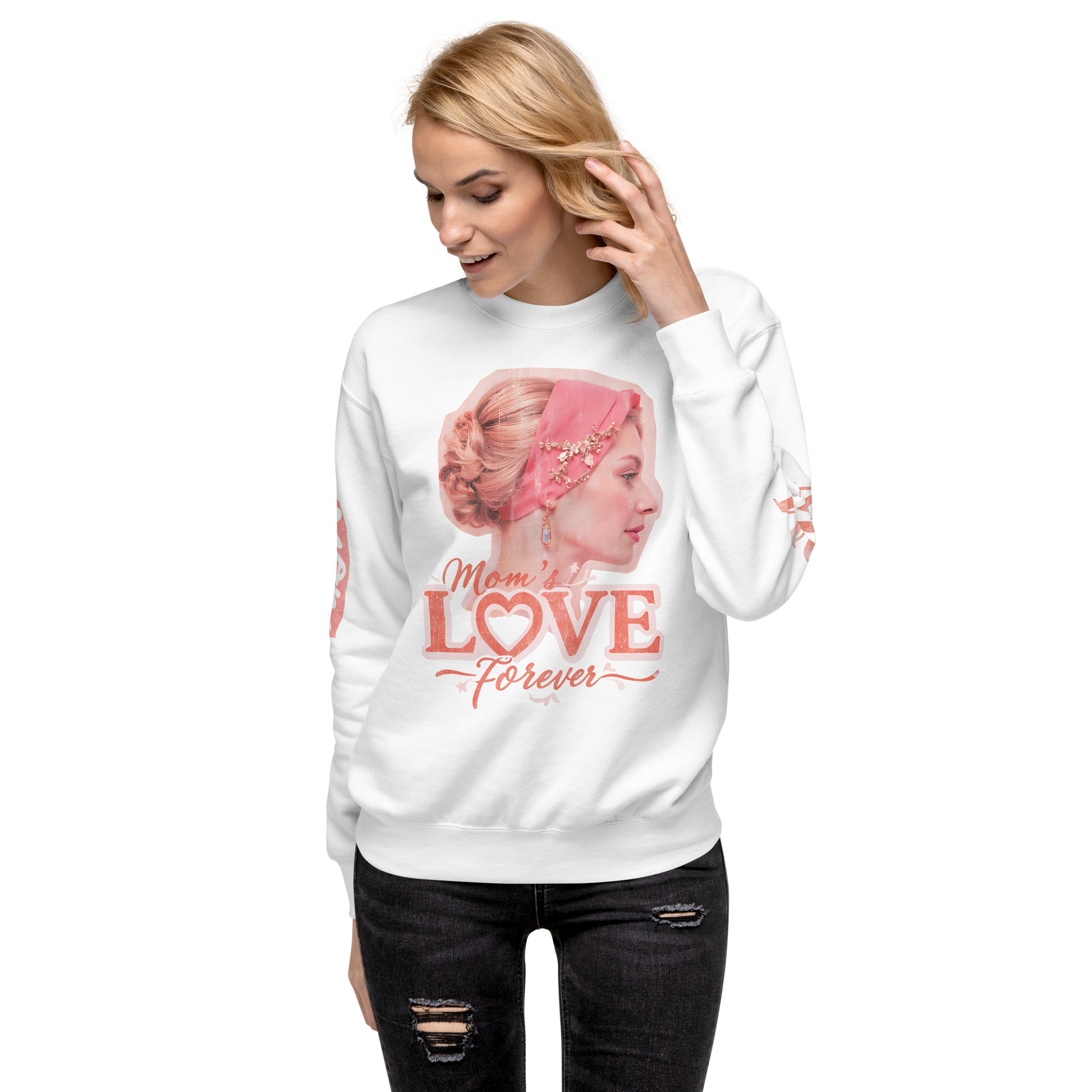 Woman in white Powered By A MOM sweatshirt featuring a woman's portrait.