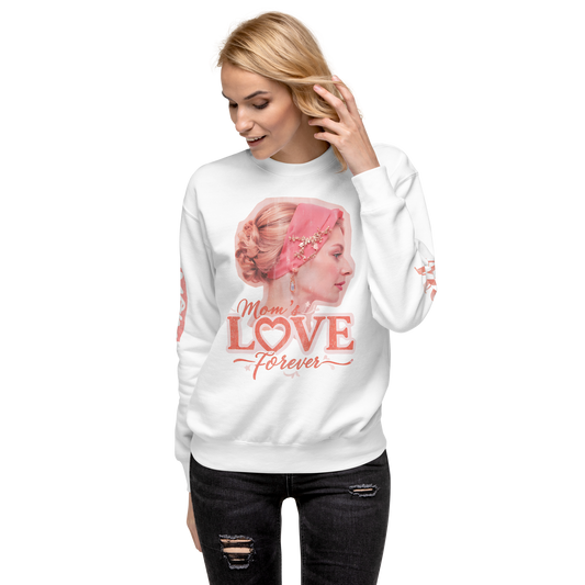 Woman in white Powered By A MOM sweatshirt featuring a woman's portrait.