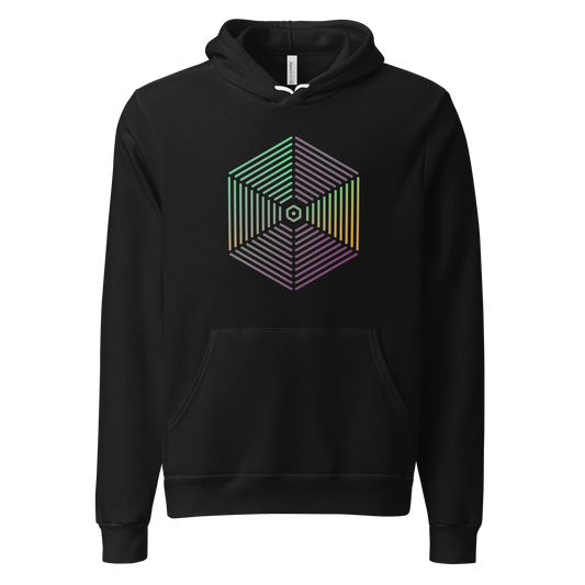 6 Triangle black hoodie with colorful hexagon design, cozy and unisex.