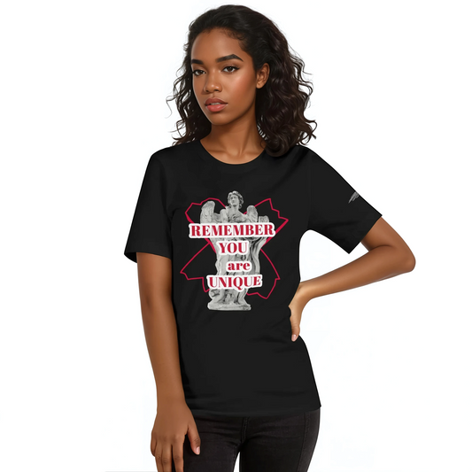 Woman wearing YOU ARE UNIQUE lightweight black shirt, posing.