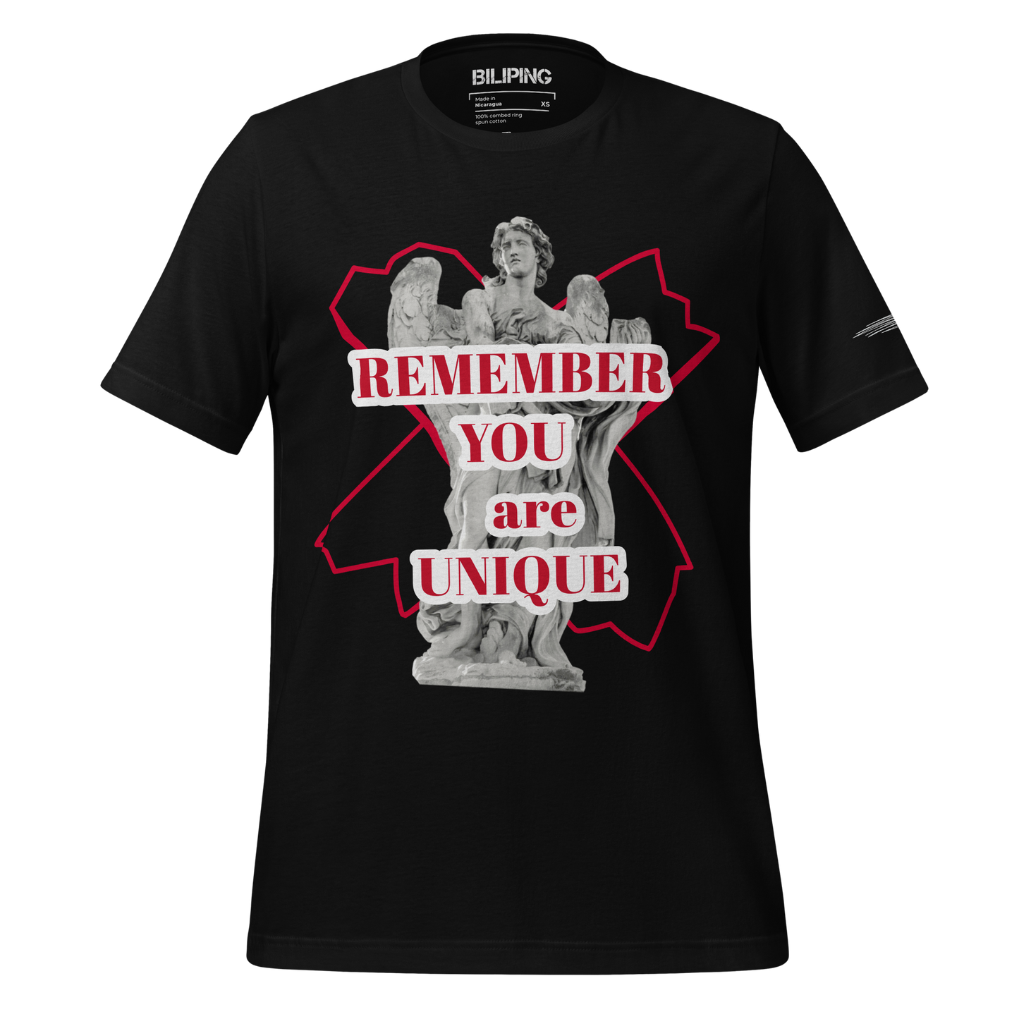 Black t-shirt featuring a statue with a skull, titled YOU ARE UNIQUE.
