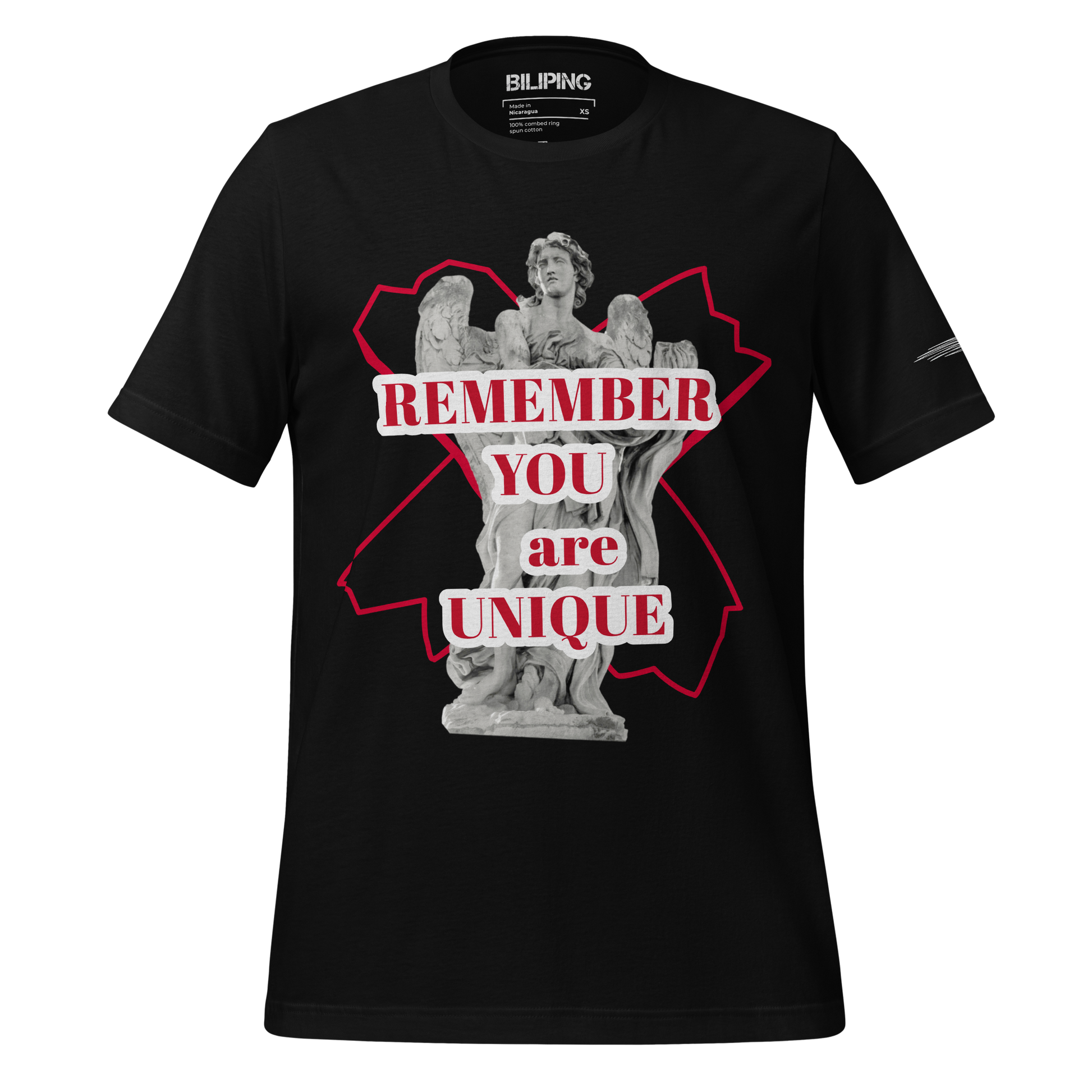 Black t-shirt featuring a statue with a skull, titled YOU ARE UNIQUE.