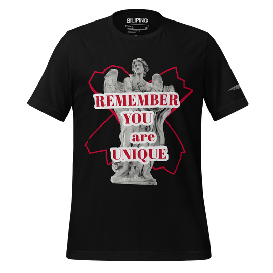 Black t-shirt featuring a statue with a skull, titled YOU ARE UNIQUE.