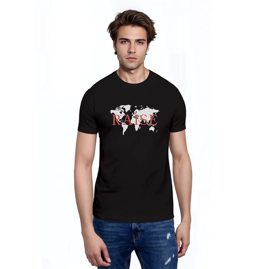 Man wearing Raise black shirt with world map design.