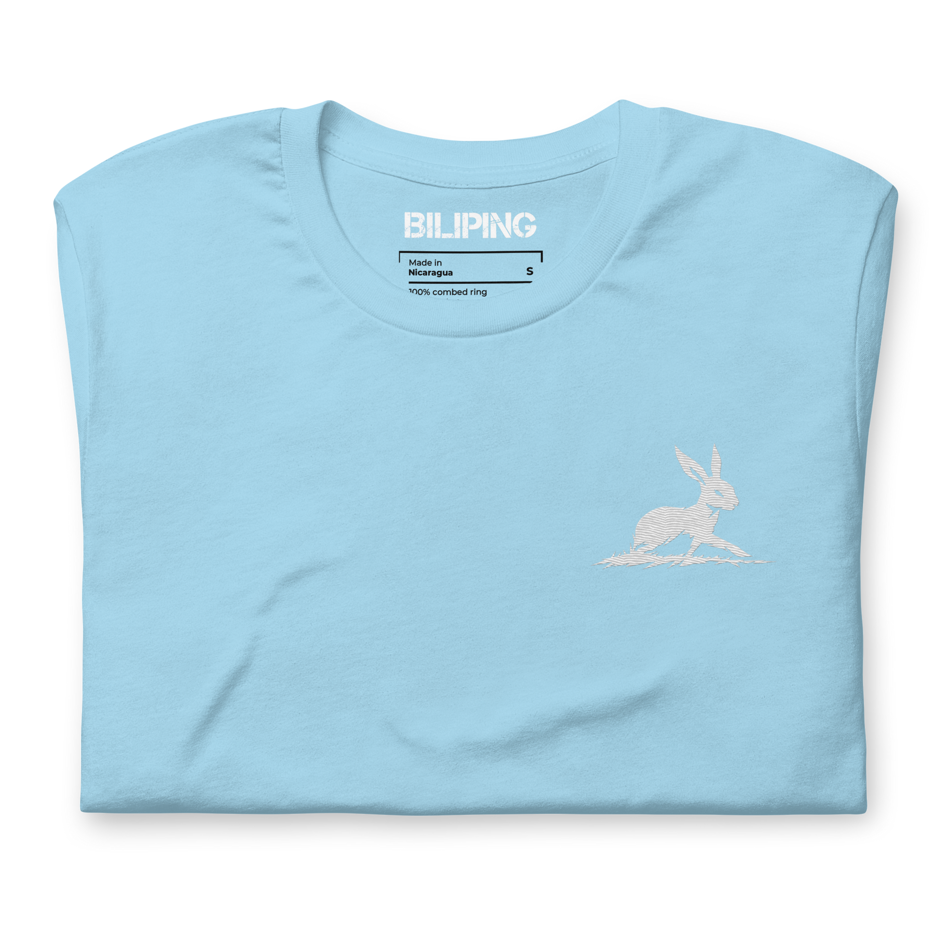 Belle T-Shirt, light-blue, folded with a rabbit logo, size S.